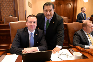Senator Andy Manar (D-Bunker Hill) and Senator Martin Sandoval (D-Cicero) after debate of SB231in the Senate Chamber.